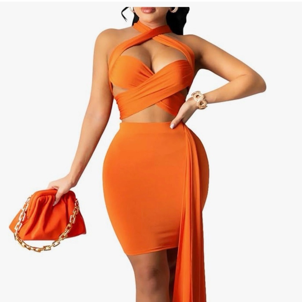 Elegant Orange Halter Dress